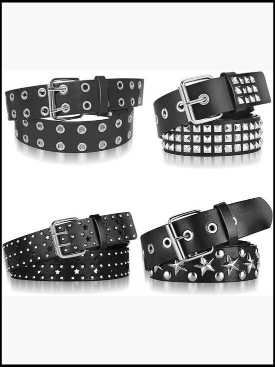 4 Piece Studded Rivet Double Grommet Belt Set - Faux Leather Punk Style
